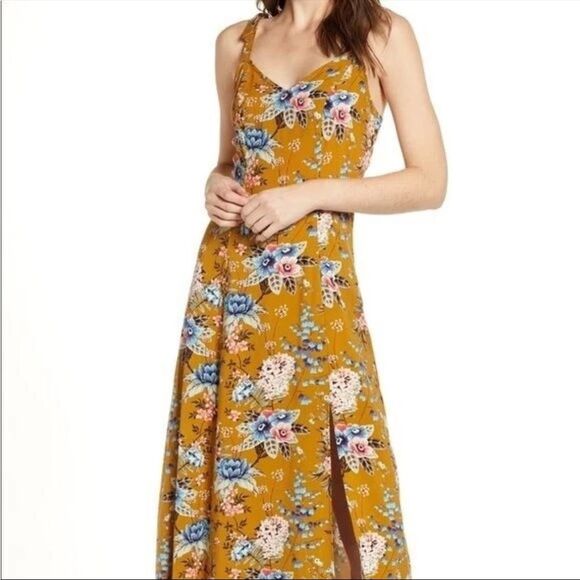 BP. Mustard Yellow Floral Slit Maxi Dress Size XL - Picture 1 of 11